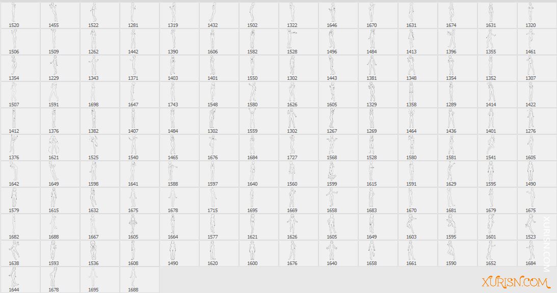 动作预设-144个高清女性人物站姿人体线稿PS笔刷(4)