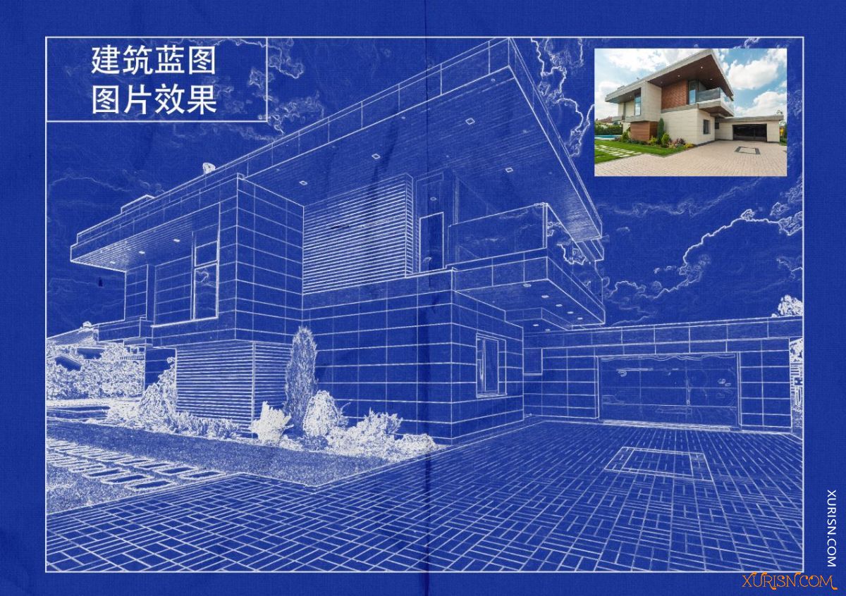 平面素材-PS自动生成建筑蓝图照片效果PSD模板Architect Blueprint Photo Effect(3)