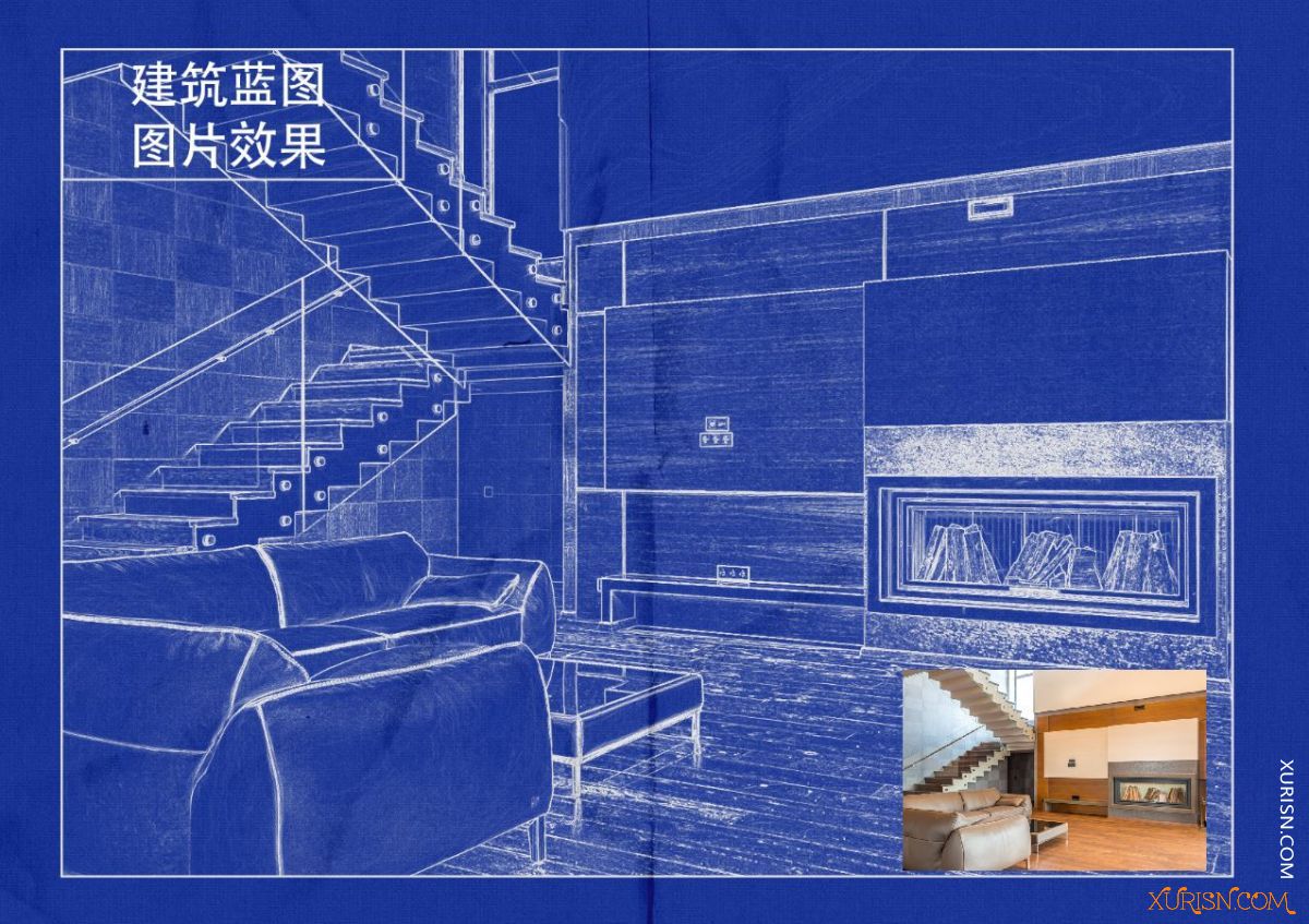 平面素材-PS自动生成建筑蓝图照片效果PSD模板Architect Blueprint Photo Effect(4)